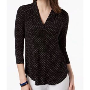 Charter Club Womens 3X Black Polka Dot V-Neck 3/4 Sleeve Tunic Blouse Top